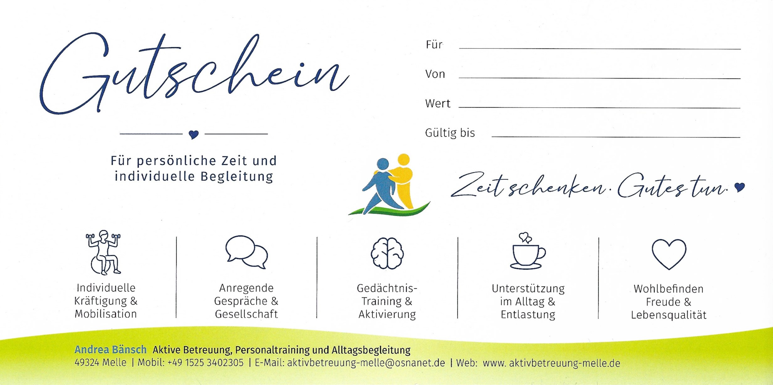 Gutschein für aktive Betreuung, Gesundheit und Lebensqualität zum Verschenken